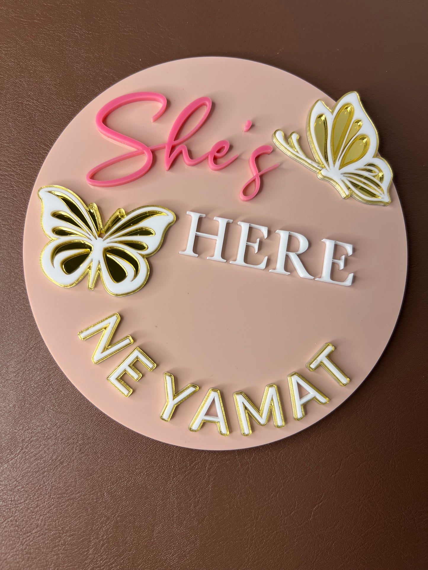 Custom Baby Name Sign – She’s Here Acrylic Birth Announcement Plaque