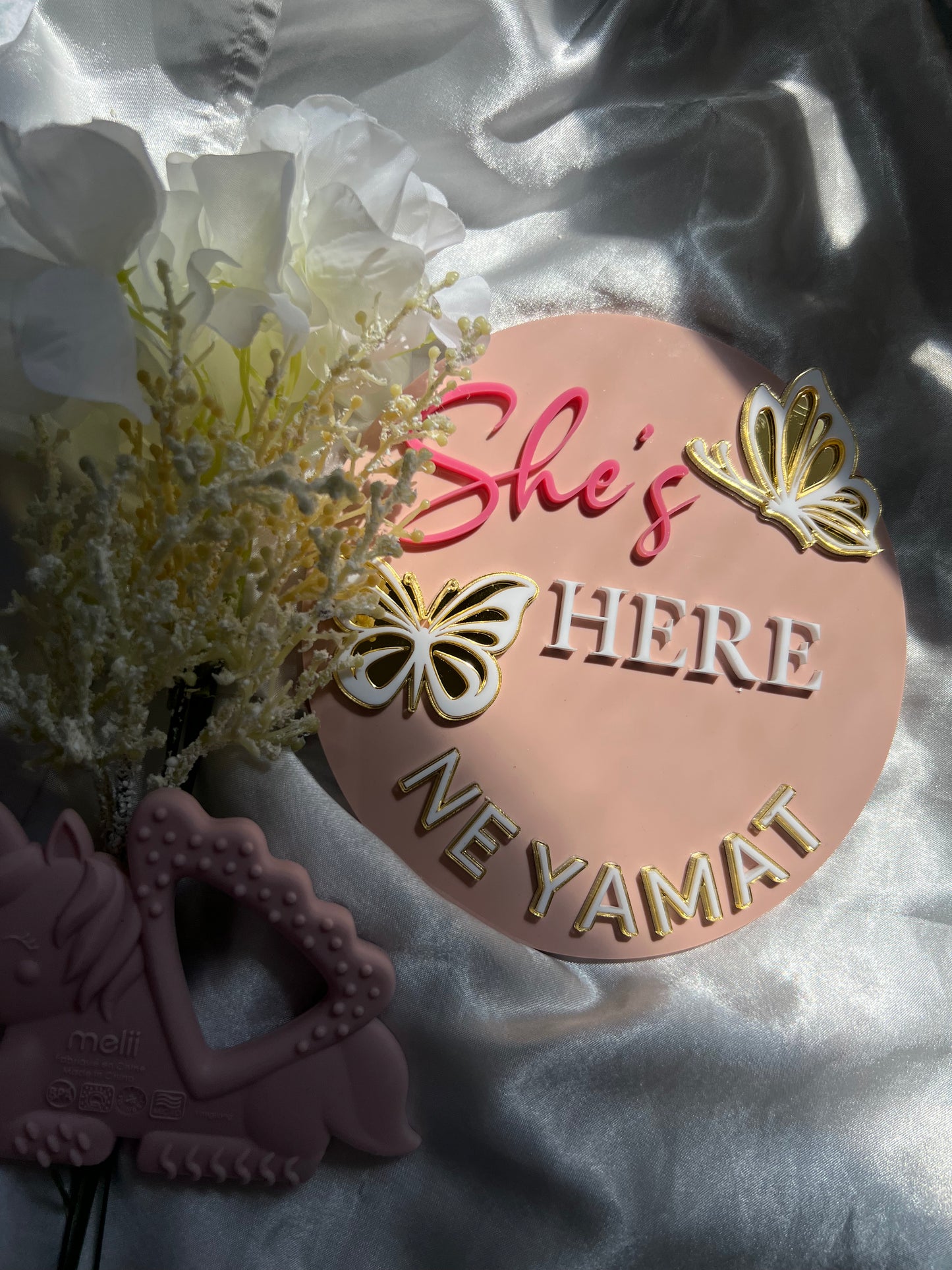 Custom Baby Name Sign – She’s Here Acrylic Birth Announcement Plaque