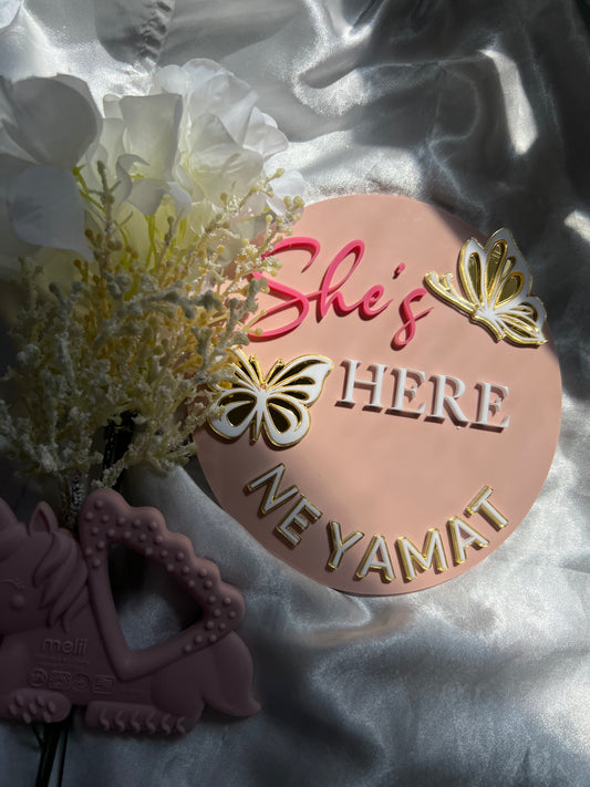 Custom Baby Name Sign – She’s Here Acrylic Birth Announcement Plaque