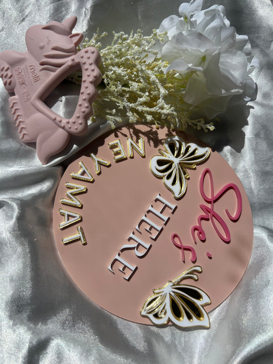 Custom Baby Name Sign – She’s Here Acrylic Birth Announcement Plaque