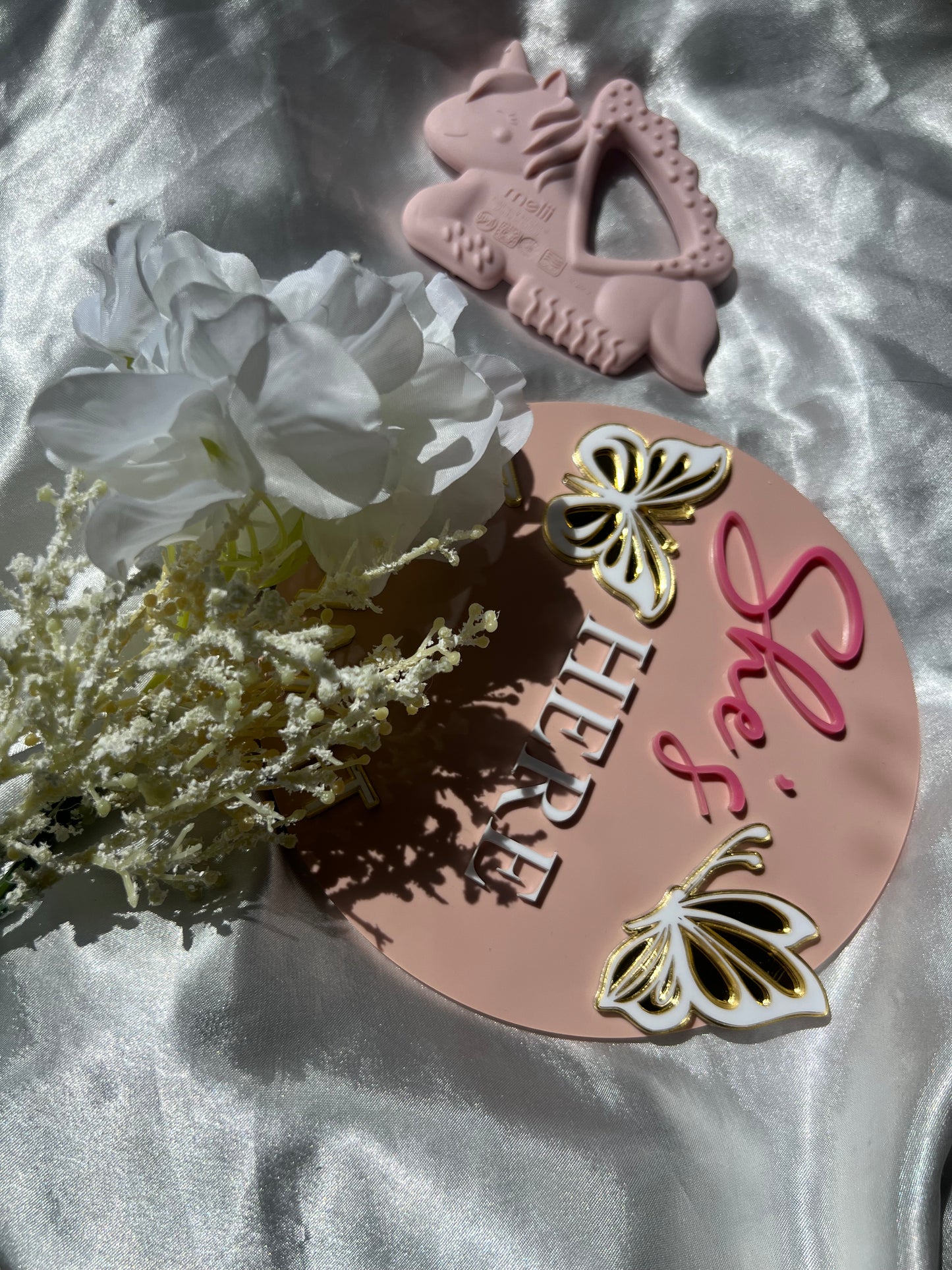 Custom Baby Name Sign – She’s Here Acrylic Birth Announcement Plaque