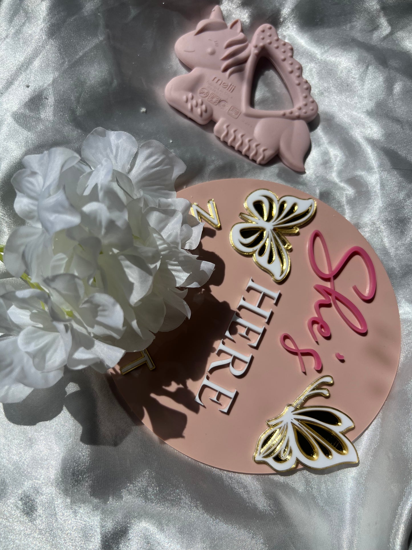 Custom Baby Name Sign – She’s Here Acrylic Birth Announcement Plaque