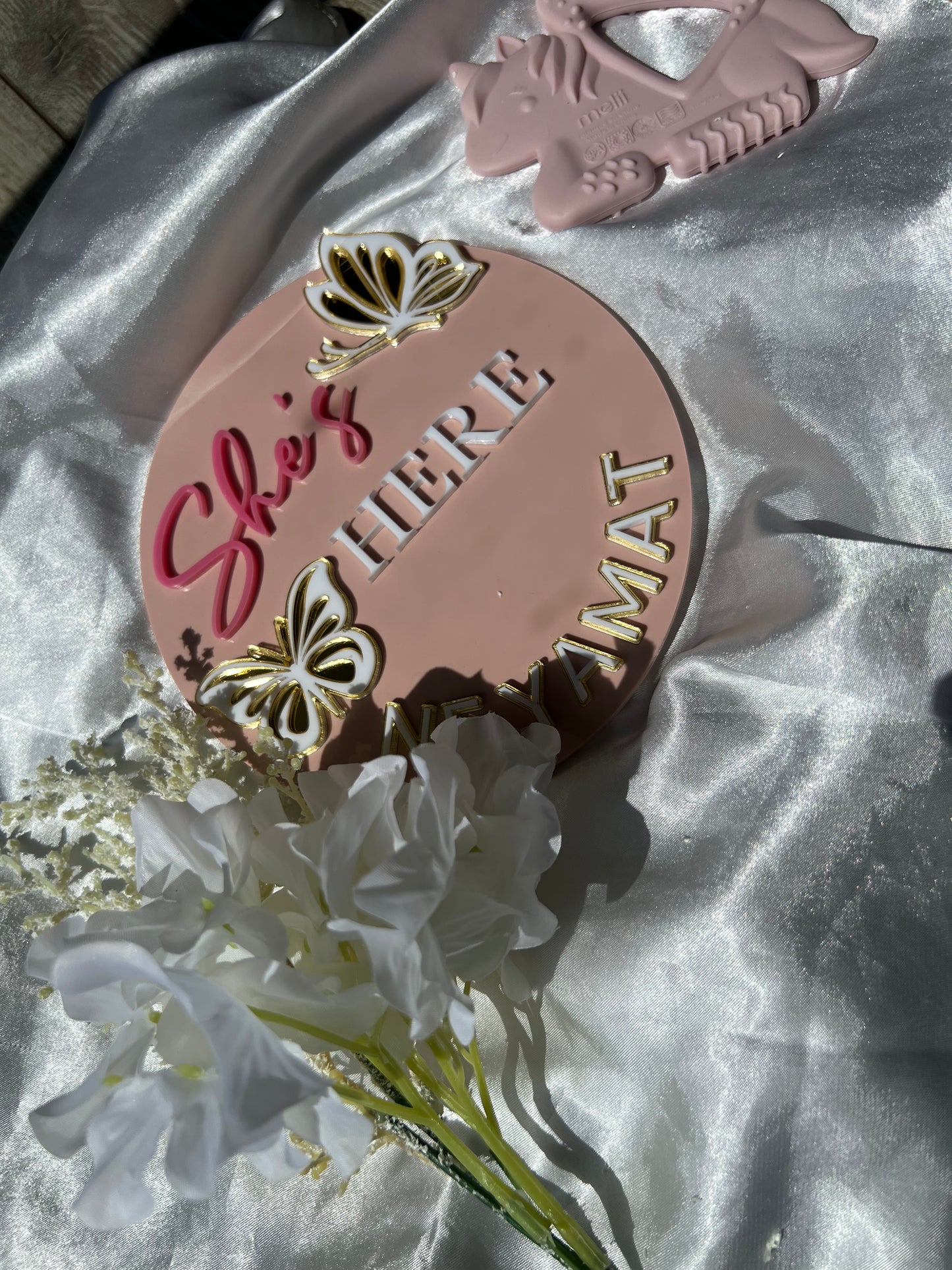 Custom Baby Name Sign – She’s Here Acrylic Birth Announcement Plaque
