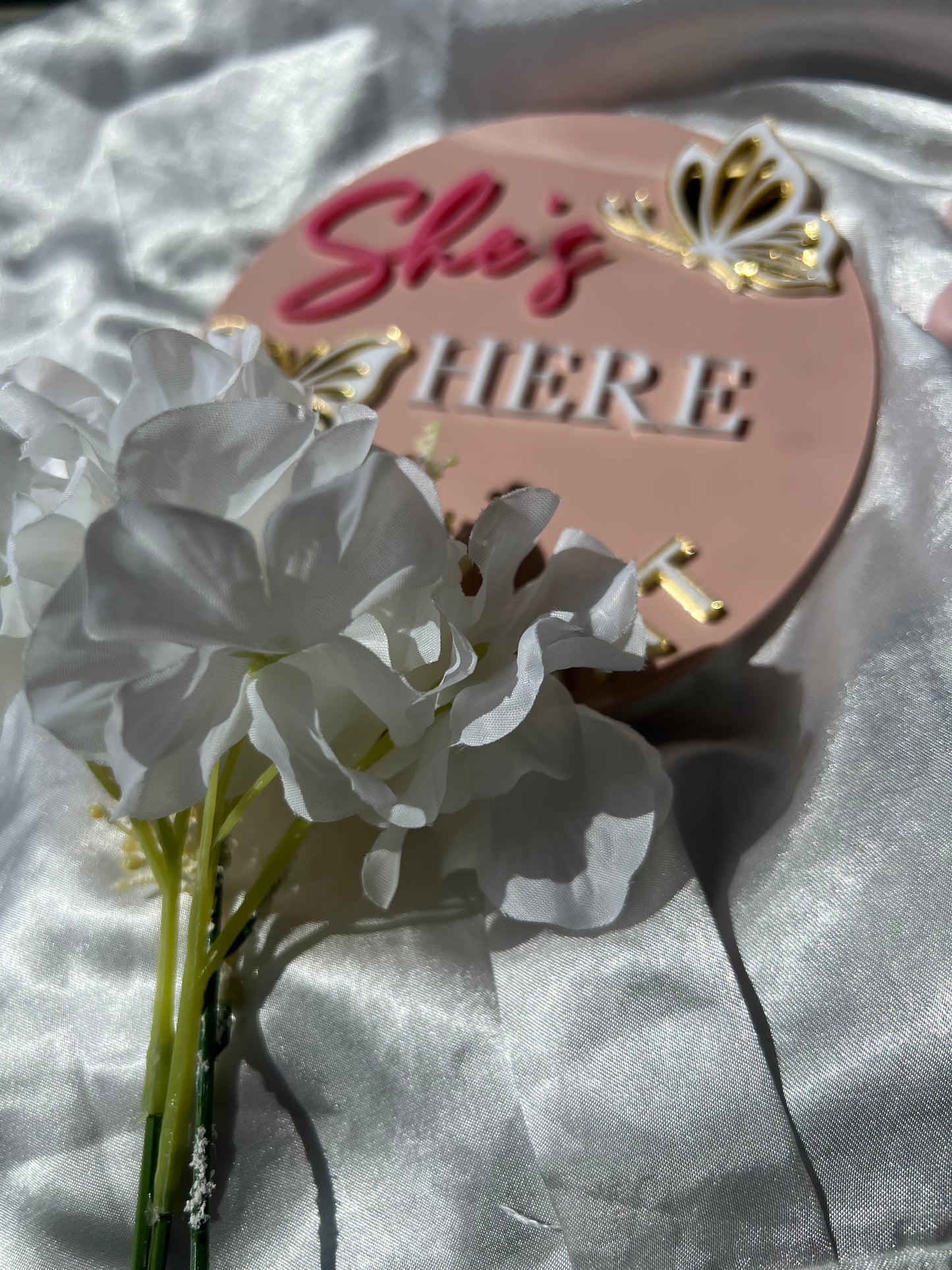 Custom Baby Name Sign – She’s Here Acrylic Birth Announcement Plaque