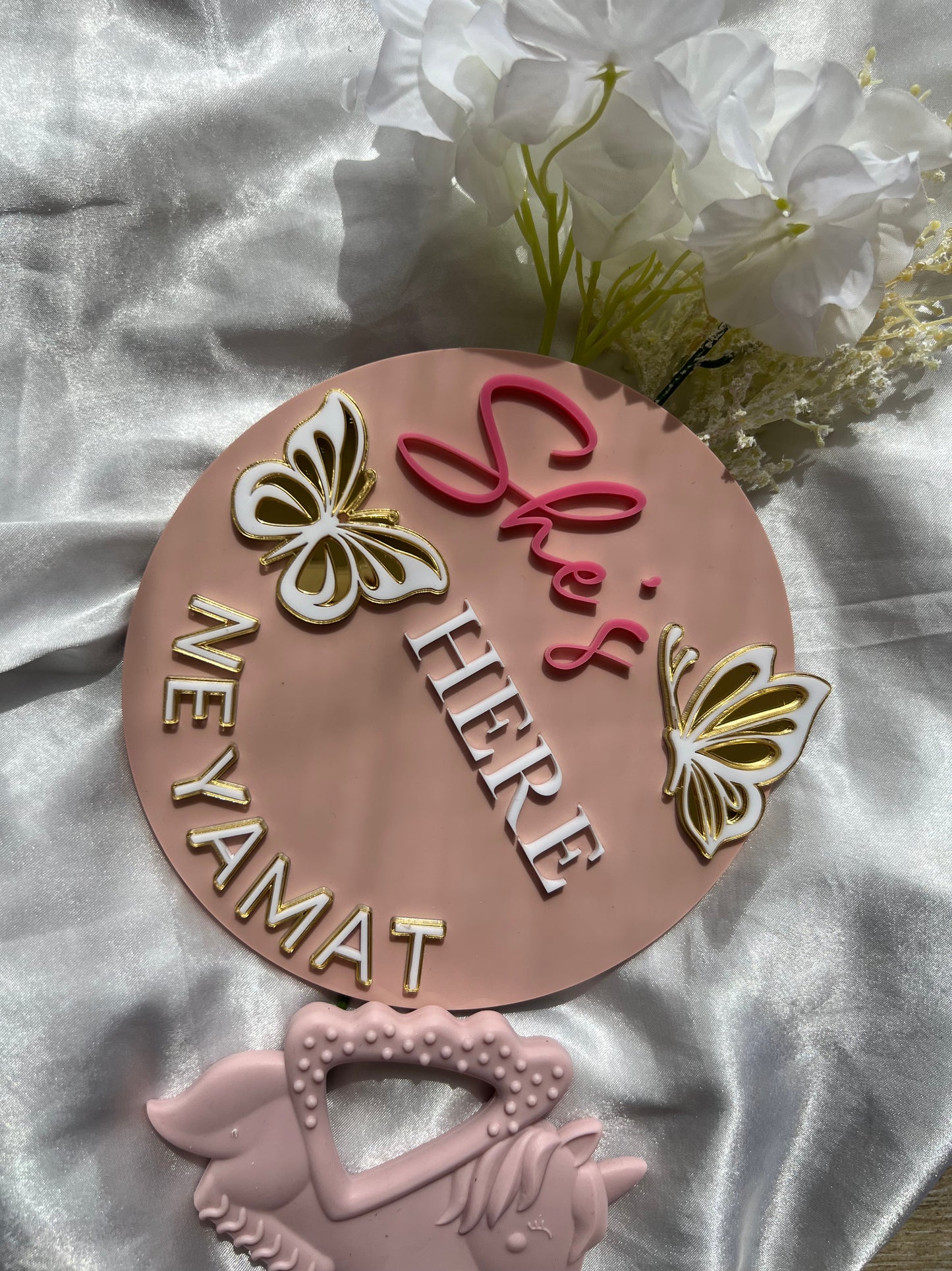 Custom Baby Name Sign – She’s Here Acrylic Birth Announcement Plaque