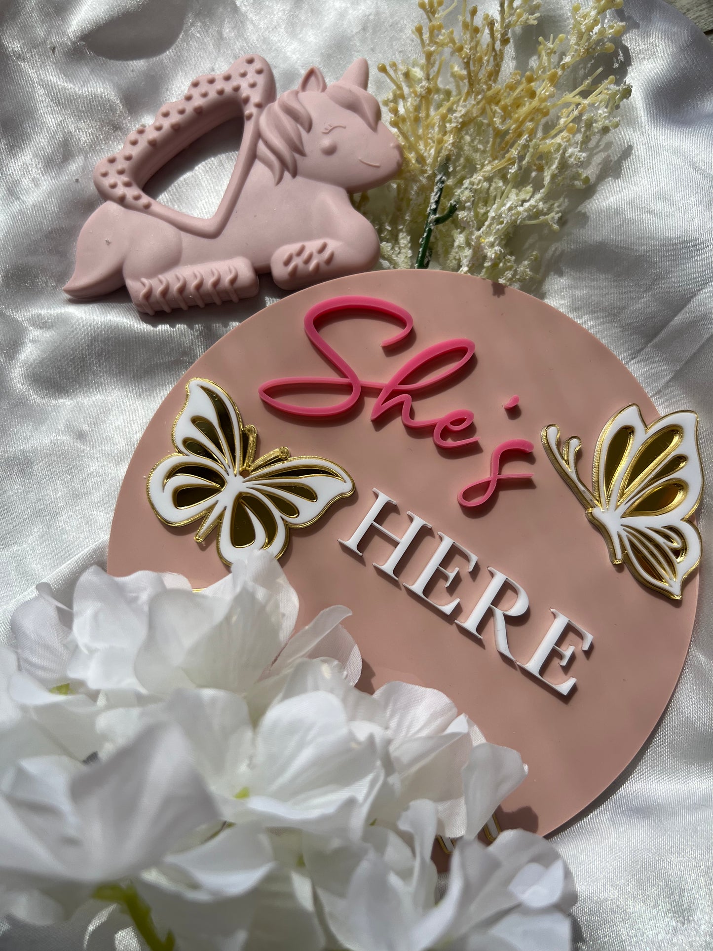 Custom Baby Name Sign – She’s Here Acrylic Birth Announcement Plaque