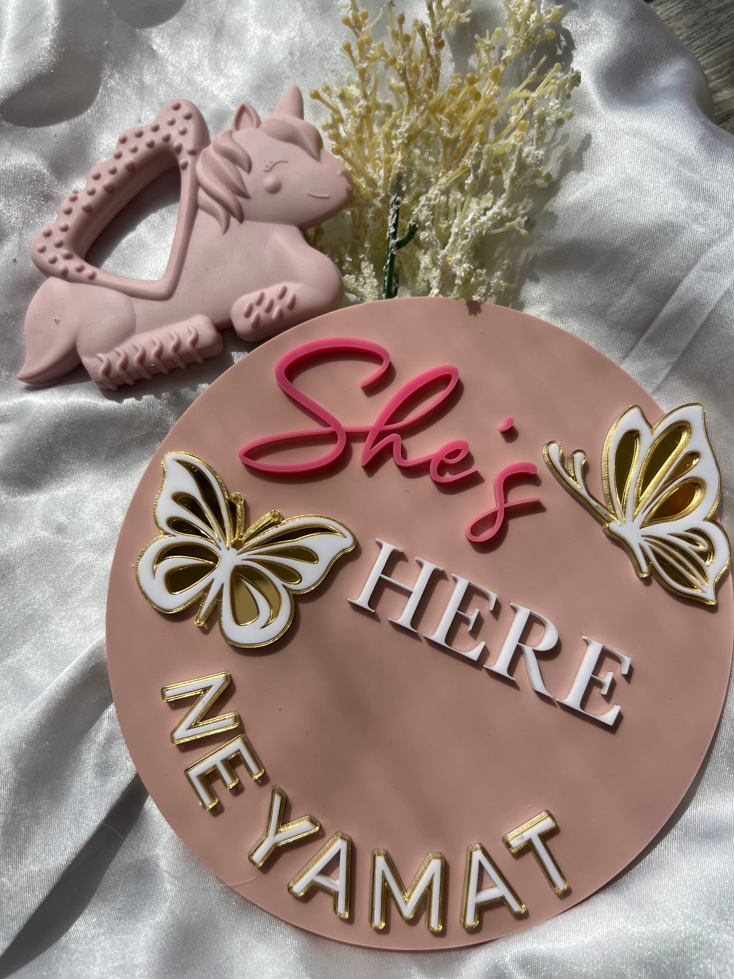 Custom Baby Name Sign – She’s Here Acrylic Birth Announcement Plaque